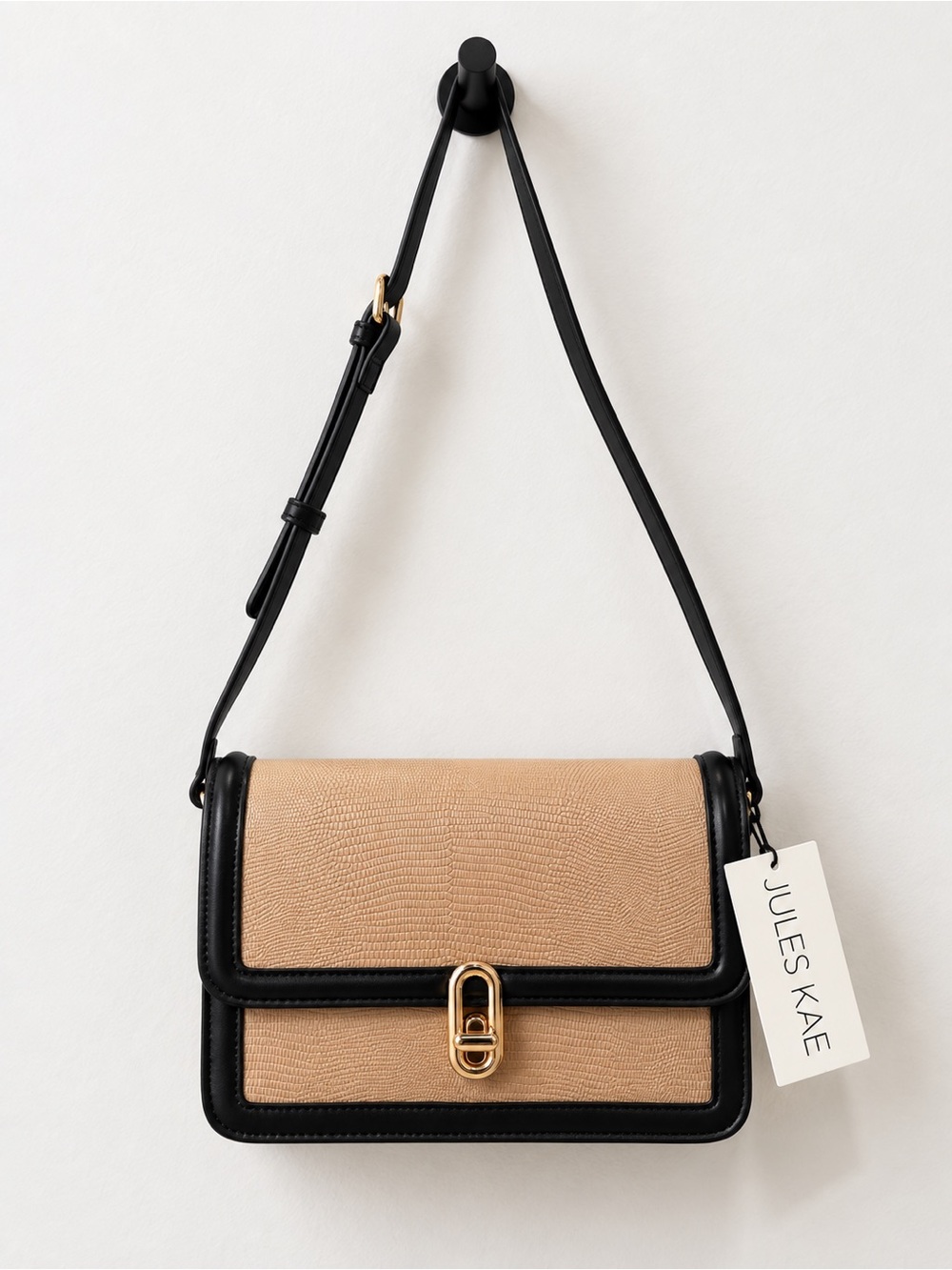 Jules Kae Mia Tan & Black Lizard Embossed Crossbody Bag | Gold Turn-Lock | NWT